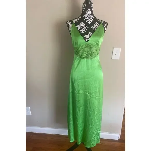 Zara bright green maxi slip dress lace midriff size M slinky silky backless flaw - Picture 1 of 6